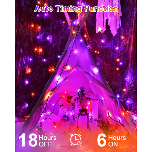 Dalugo 5-metre orange and purple Halloween fairy lights wrapped around a dark wooden porch railing with a waterproof battery box.