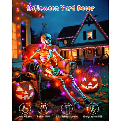 Dalugo 5-metre orange and purple Halloween fairy lights wrapped around a dark wooden porch railing with a waterproof battery box.