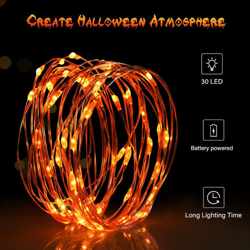 Dalugo 3-metre orange fairy light strand with 30 amber LEDs wrapped neatly around a rustic wooden mantelpiece display.
