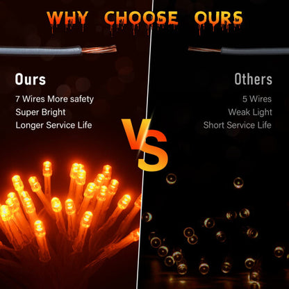 Dalugo 10ft orange battery-operated fairy lights with 30 micro LEDs wrapped tightly around an autumn pumpkin wreath on a wooden display.
