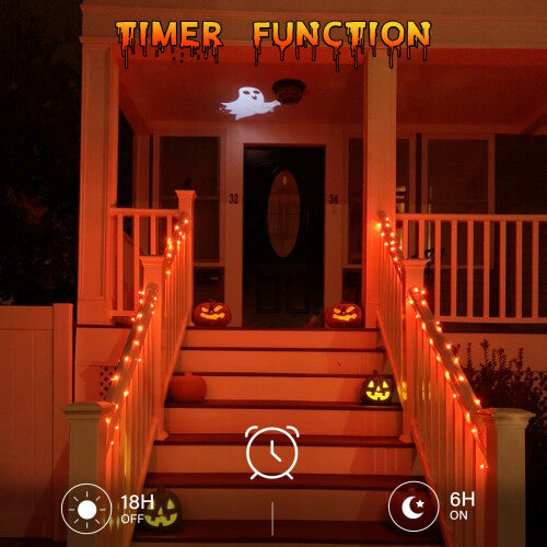 Dalugo 10ft orange battery-operated fairy lights with 30 micro LEDs wrapped tightly around an autumn pumpkin wreath on a wooden display.