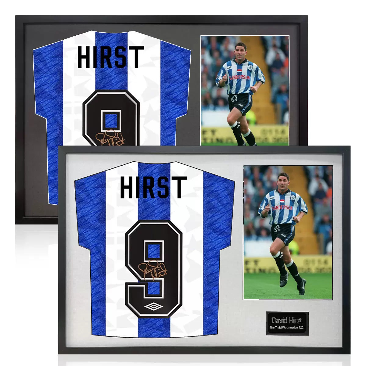 A professionally framed Sheffield Wednesday jersey autographed by David Hirst, presented alongside an action photograph in a high-clarity exhibition display.