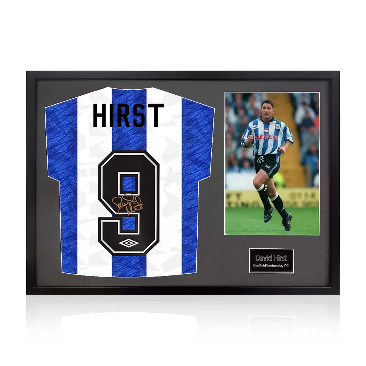 A professionally framed Sheffield Wednesday jersey autographed by David Hirst, presented alongside an action photograph in a high-clarity exhibition display.