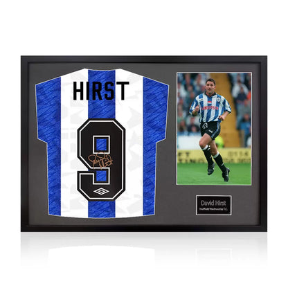 A professionally framed Sheffield Wednesday jersey autographed by David Hirst, presented alongside an action photograph in a high-clarity exhibition display.