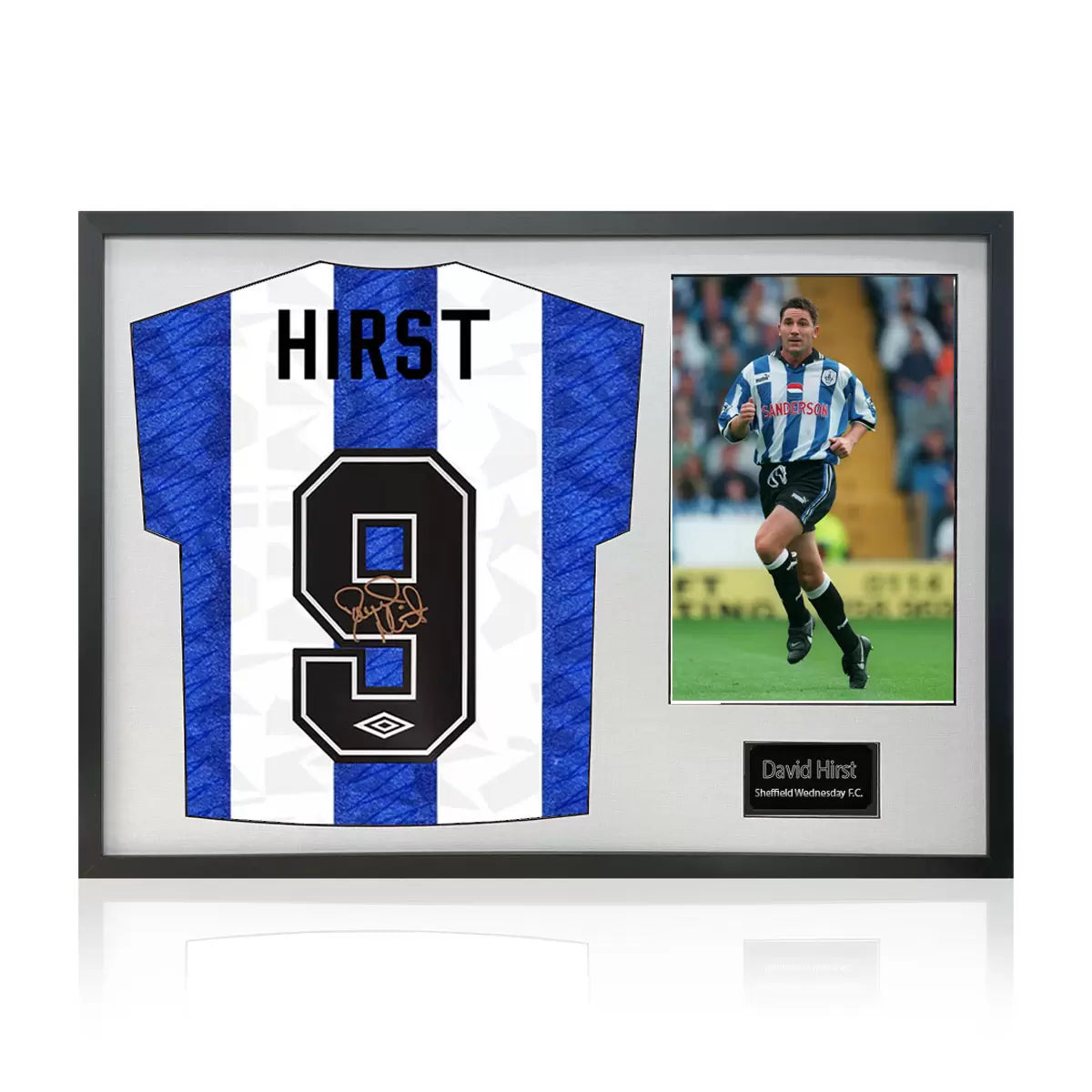 A professionally framed Sheffield Wednesday jersey autographed by David Hirst, presented alongside an action photograph in a high-clarity exhibition display.