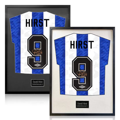 A professionally framed Sheffield Wednesday football shirt autographed by David Hirst, centered in a high-clarity display frame with a choice of black or white mounting.