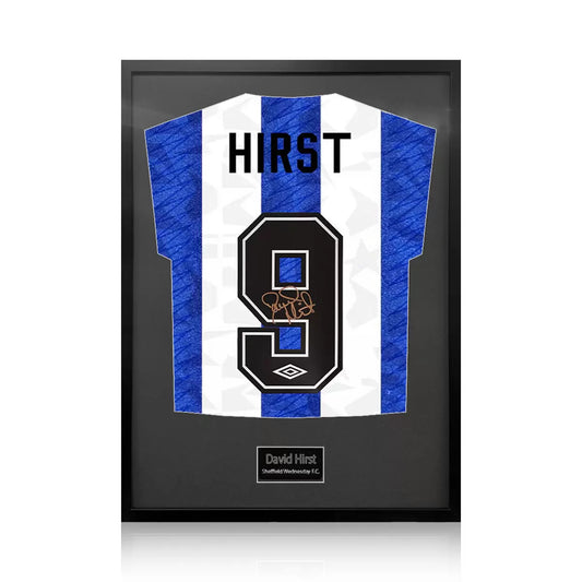 A professionally framed Sheffield Wednesday football shirt autographed by David Hirst, centered in a high-clarity display frame with a choice of black or white mounting.