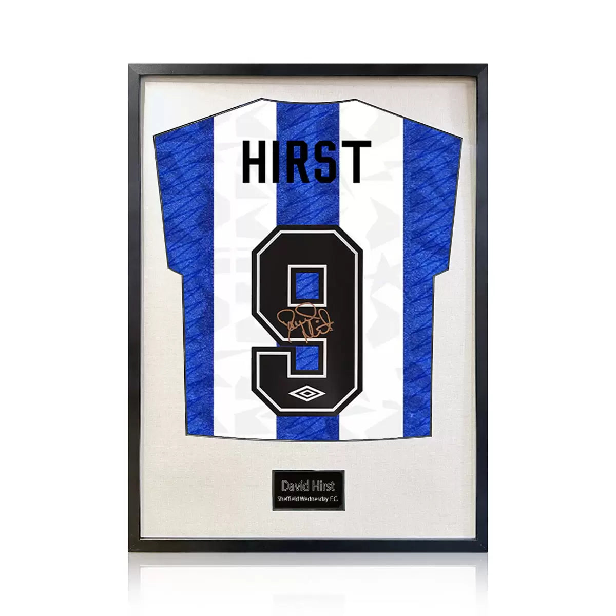 A professionally framed Sheffield Wednesday football shirt autographed by David Hirst, centered in a high-clarity display frame with a choice of black or white mounting.