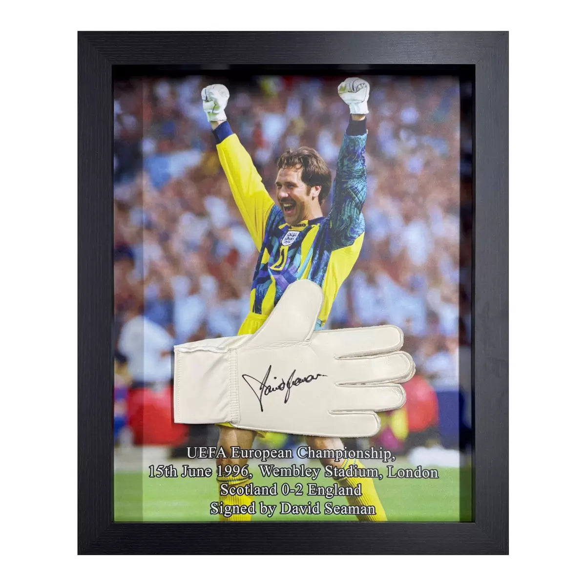 A framed, authentic Adidas goalkeeper glove signed by David Seaman for England, displayed in a black professional frame with an included certificate of authenticity.