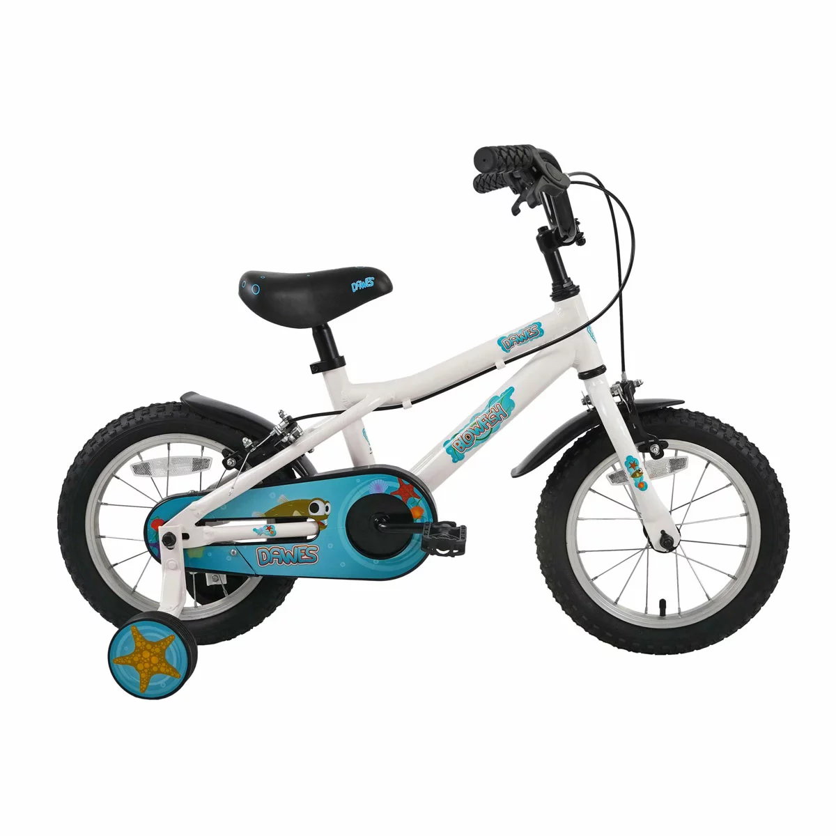 Dawes 14 inch Blowfish kids first pedal bike in blue with attached stabilisers and mudguards