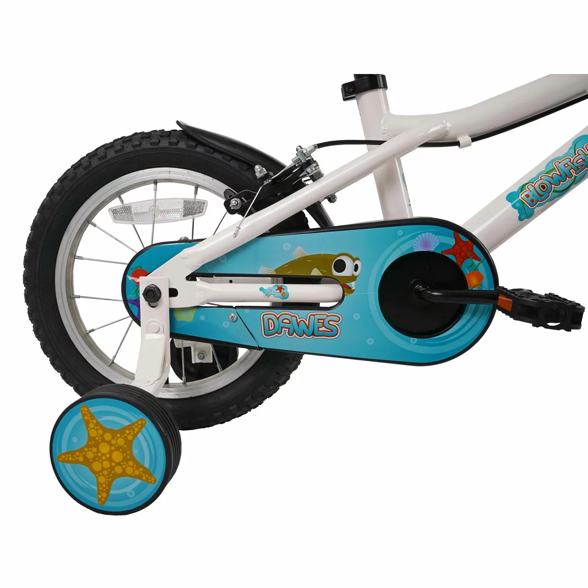 Dawes 14 inch Blowfish kids first pedal bike in blue with attached stabilisers and mudguards