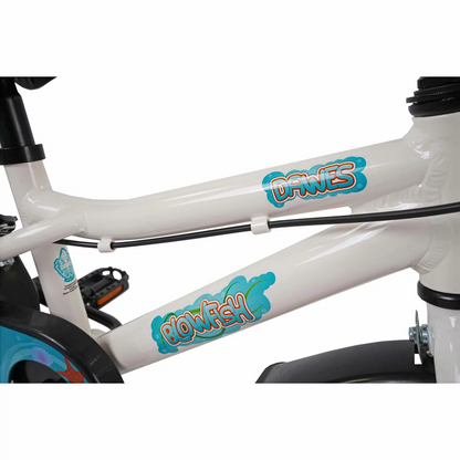 Dawes 14 inch Blowfish kids first pedal bike in blue with attached stabilisers and mudguards