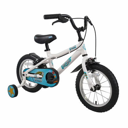 Dawes 14 inch Blowfish kids first pedal bike in blue with attached stabilisers and mudguards
