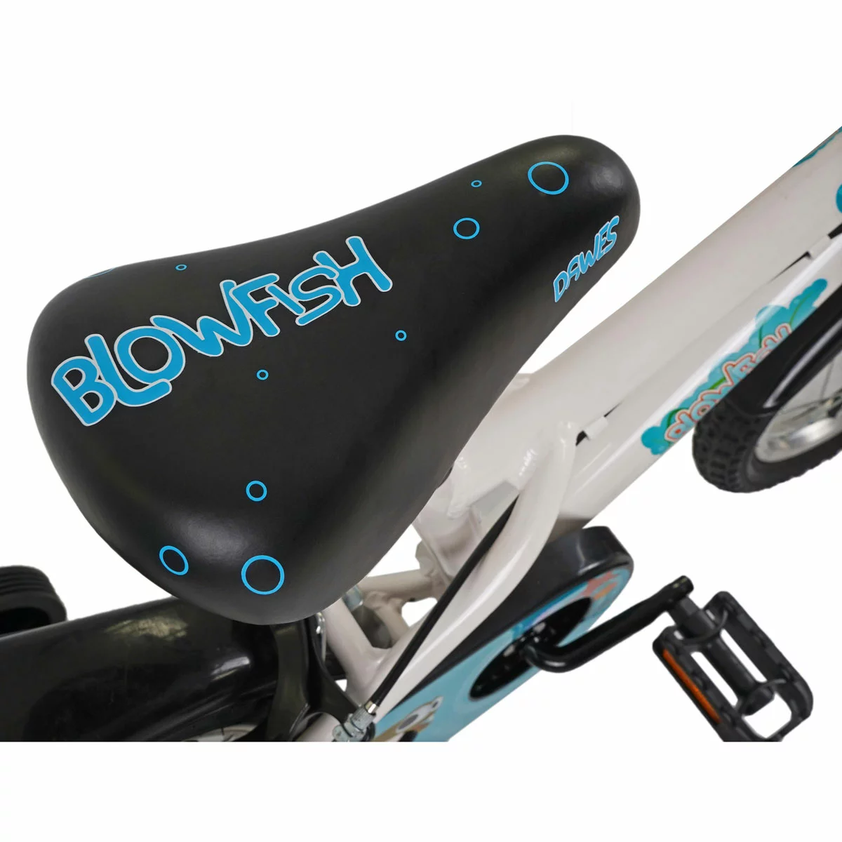 Dawes 14 inch Blowfish kids first pedal bike in blue with attached stabilisers and mudguards