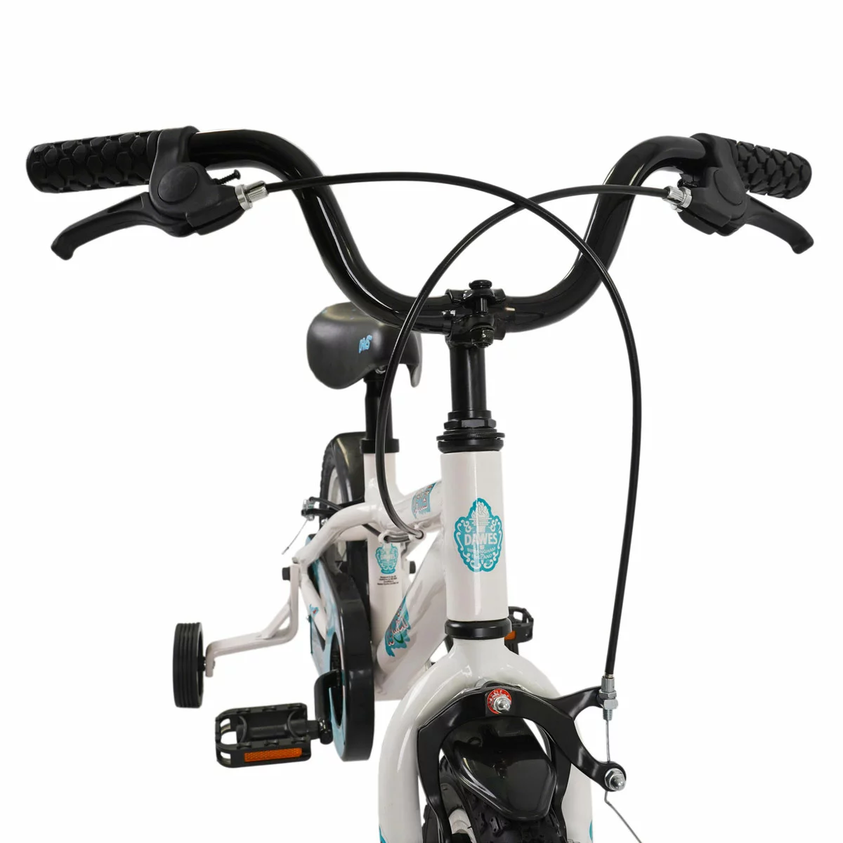 Dawes 14 inch Blowfish kids first pedal bike in blue with attached stabilisers and mudguards