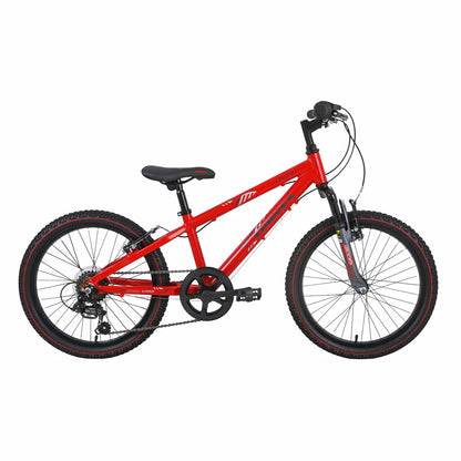 Profile view of the vibrant red Dawes 20 inch Paris HT kids mountain bike featuring a Zoom suspension fork, Shimano twist shifters, and rugged knobby tyres.