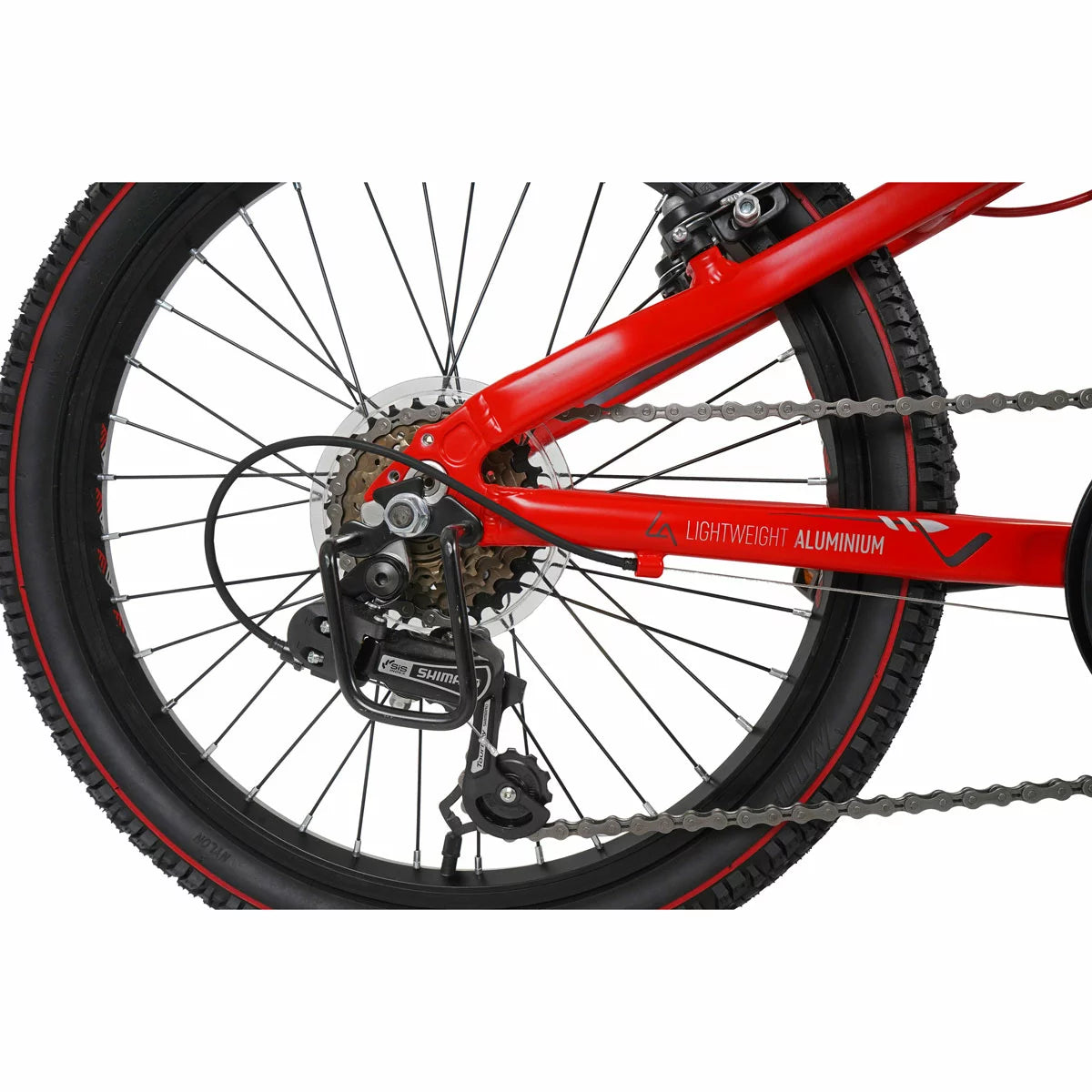 Profile view of the vibrant red Dawes 20 inch Paris HT kids mountain bike featuring a Zoom suspension fork, Shimano twist shifters, and rugged knobby tyres.