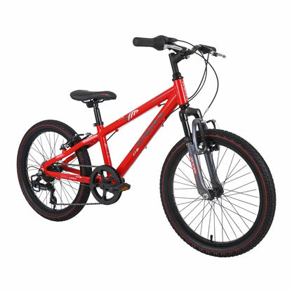 Profile view of the vibrant red Dawes 20 inch Paris HT kids mountain bike featuring a Zoom suspension fork, Shimano twist shifters, and rugged knobby tyres.