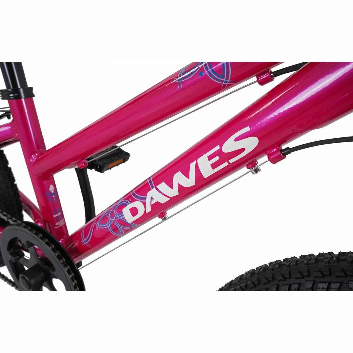 Side view of the bright pink Dawes 20 inch Paris HT kids mountain bike featuring front suspension fork, 6-speed gears, and black all-terrain tyres.
