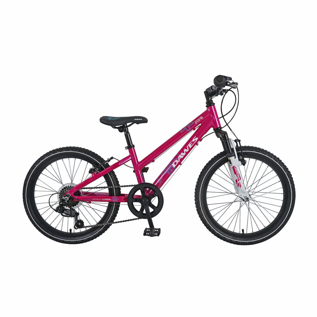 Side view of the bright pink Dawes 20 inch Paris HT kids mountain bike featuring front suspension fork, 6-speed gears, and black all-terrain tyres.