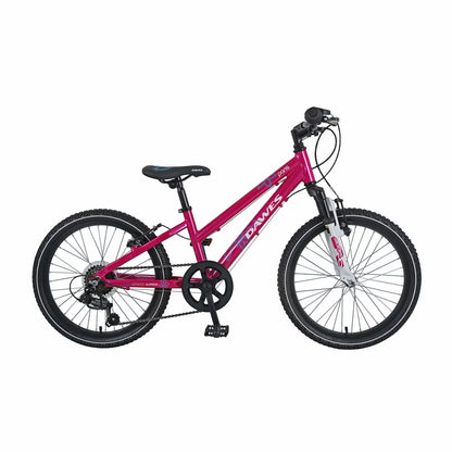 Side view of the bright pink Dawes 20 inch Paris HT kids mountain bike featuring front suspension fork, 6-speed gears, and black all-terrain tyres.