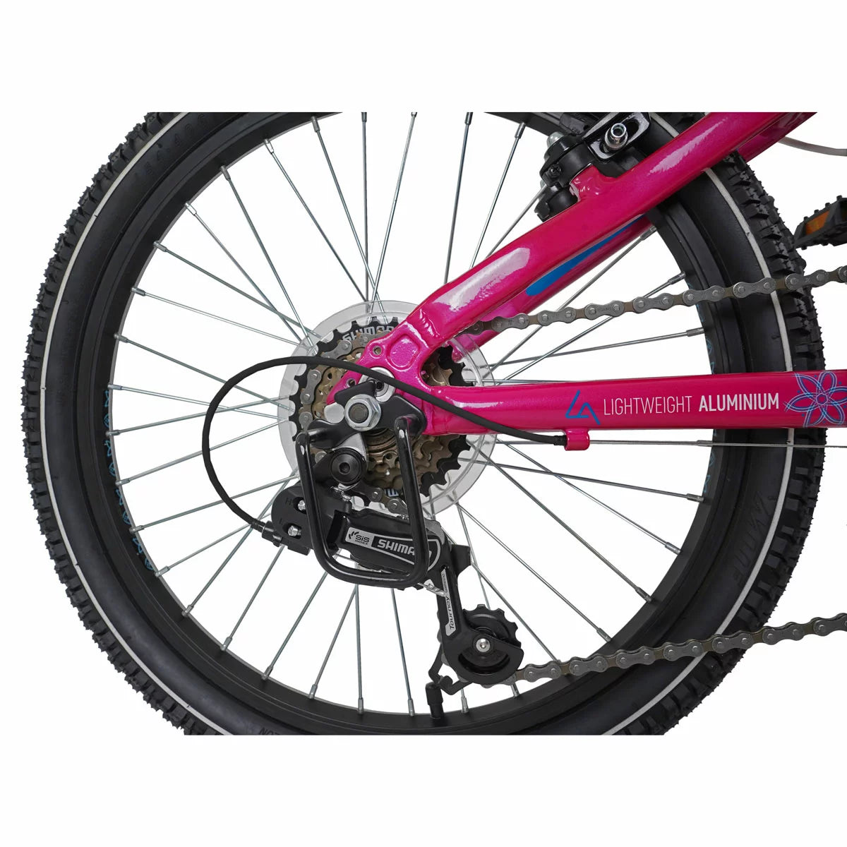 Side view of the bright pink Dawes 20 inch Paris HT kids mountain bike featuring front suspension fork, 6-speed gears, and black all-terrain tyres.