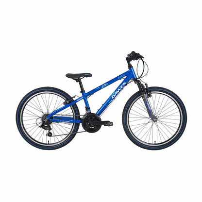 Dark Blue Dawes 24 inch Bullet HT kids mountain bike shown from a side angle with 18 speed Shimano gears and front suspension fork.