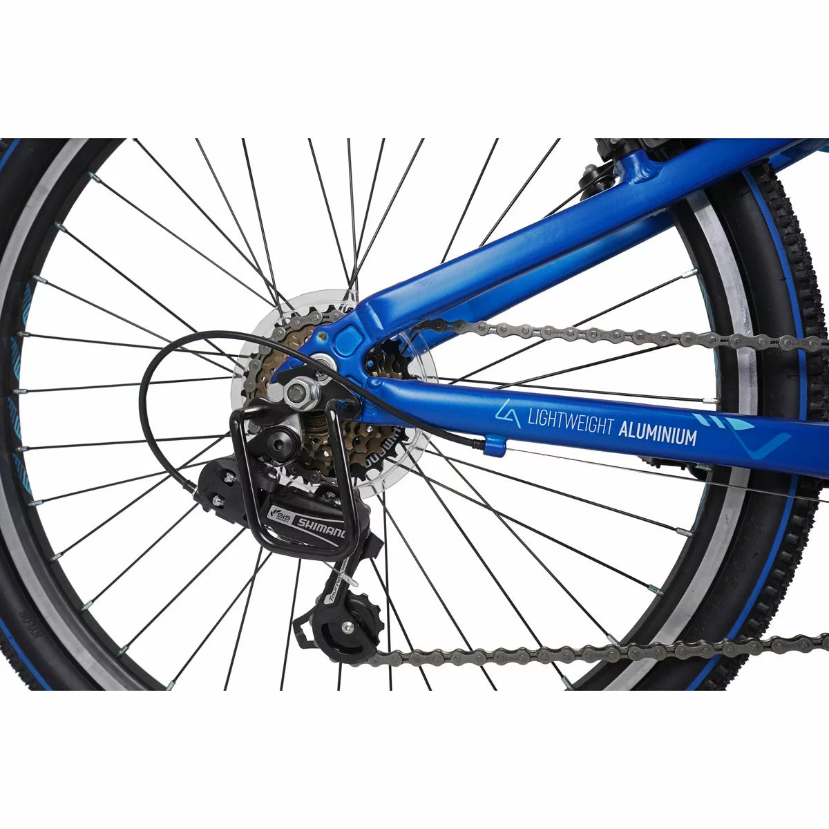 Dark Blue Dawes 24 inch Bullet HT kids mountain bike shown from a side angle with 18 speed Shimano gears and front suspension fork.