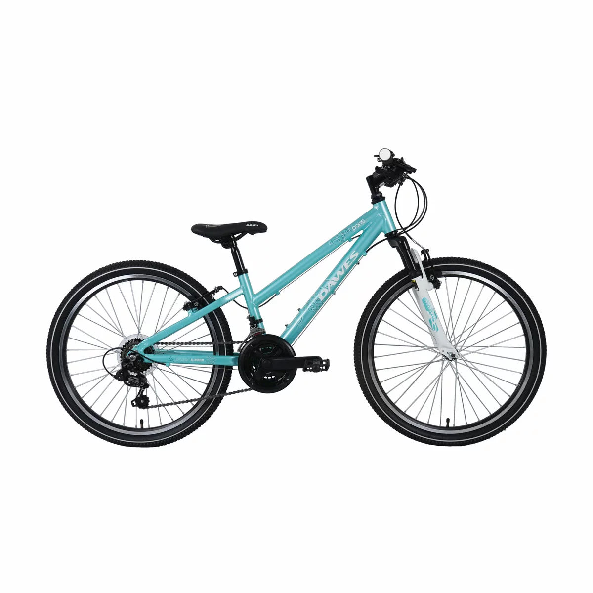 Mint green Dawes 24 inch Paris HT junior mountain bike featuring front suspension fork and 18-speed Shimano gears angled on a outdoor gravel path.