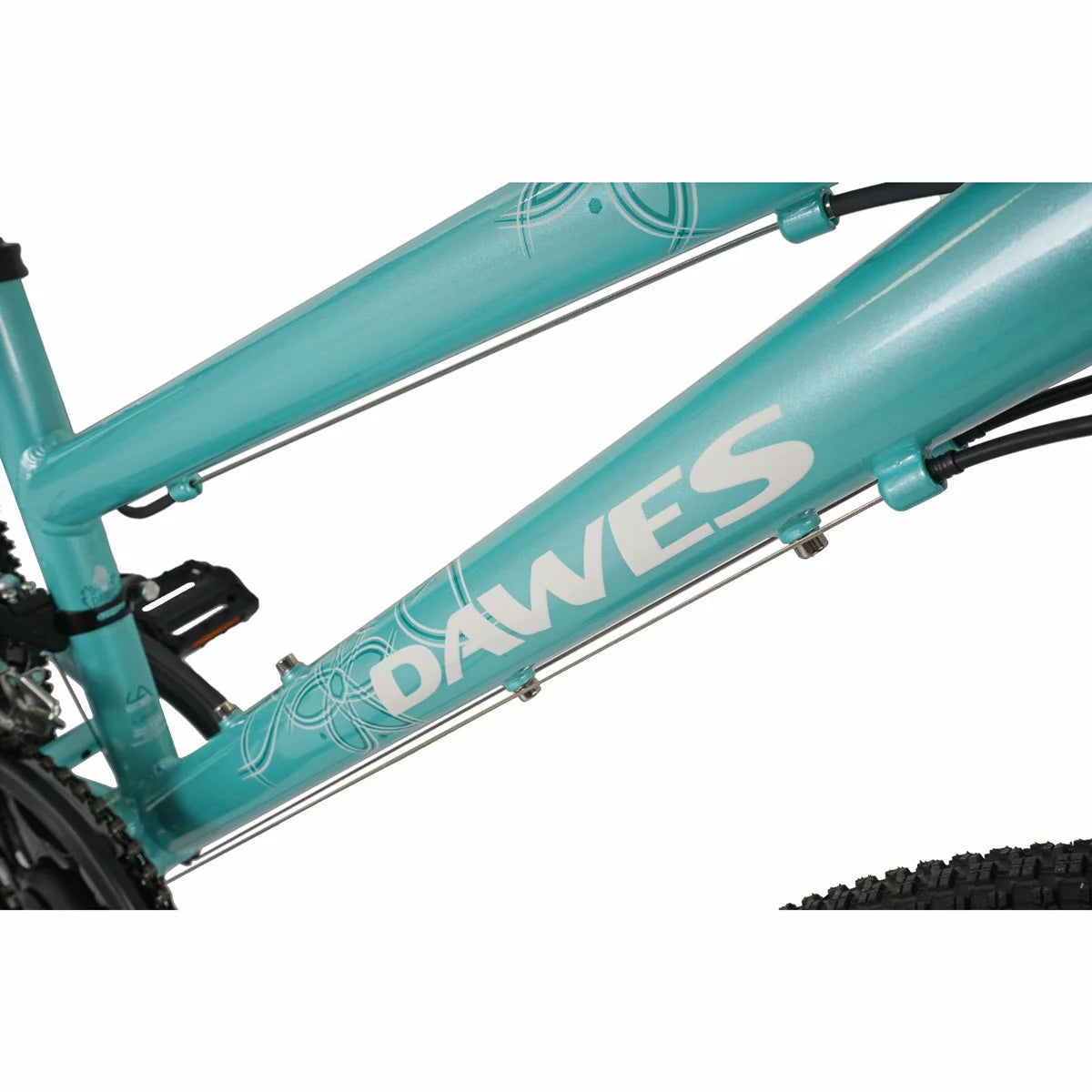 Mint green Dawes 24 inch Paris HT junior mountain bike featuring front suspension fork and 18-speed Shimano gears angled on a outdoor gravel path.