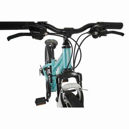 Mint green Dawes 24 inch Paris HT junior mountain bike featuring front suspension fork and 18-speed Shimano gears angled on a outdoor gravel path.