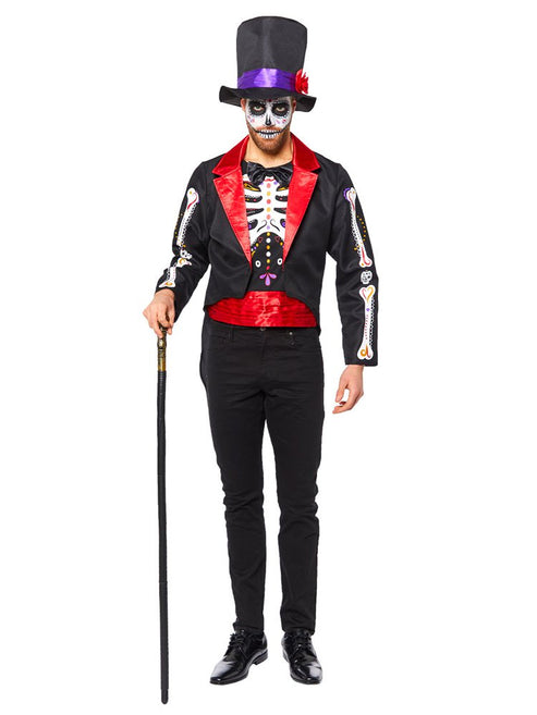 Front view of the black Day of the Dead adult costume jacket featuring intricate sugar skull lapels and a single-button closure against a clean studio background.