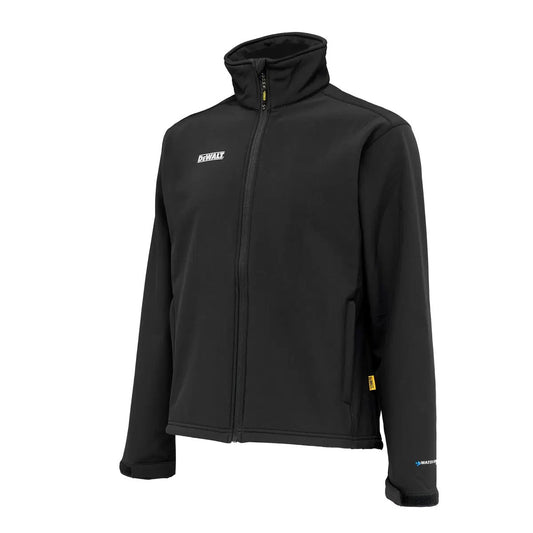 DeWalt men's black softshell work jacket featuring grid fleece interior, funnel neck, and reflective chest logo displayed on a flat surface.