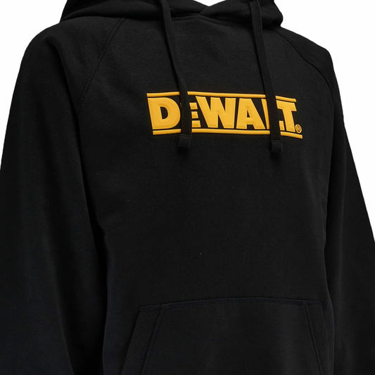 DeWalt men's charcoal black Weatherford hoodie featuring 3D chest logo and water-resistant finish displayed on a model in an outdoor work setting.
