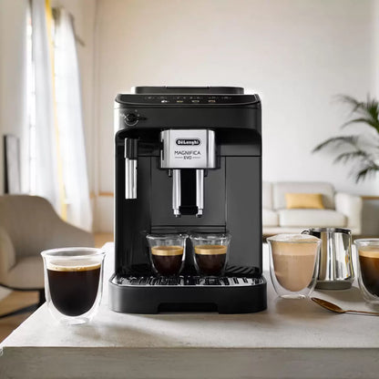 De'Longhi Magnifica Evo ECAM290.22.B bean to cup coffee machine making fresh espresso and cappuccino at home .