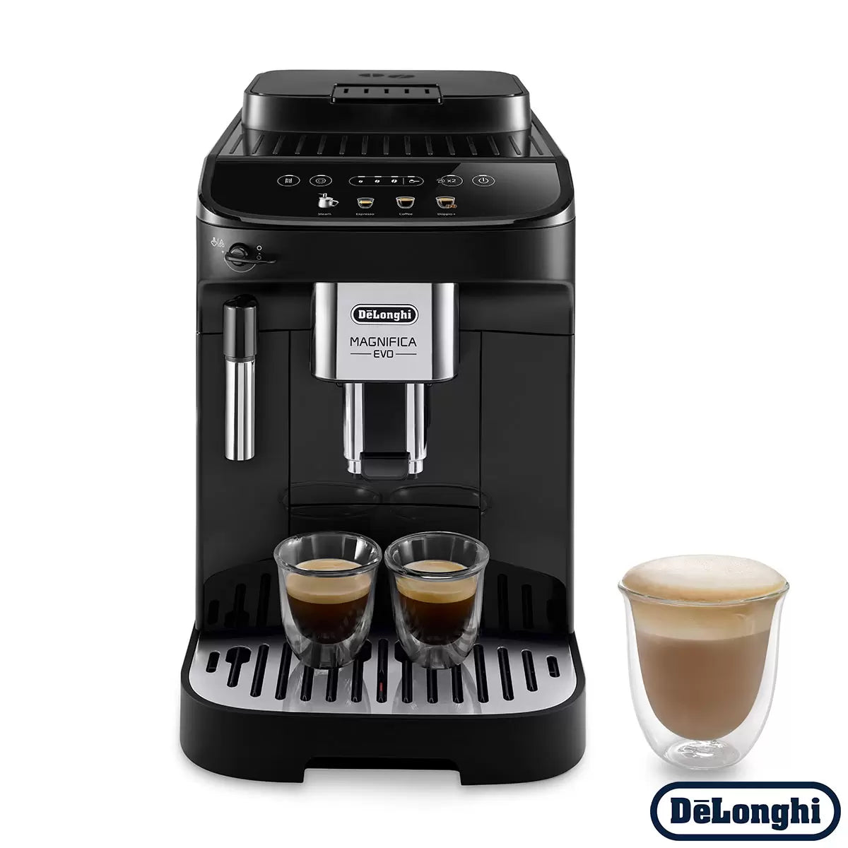 Front view of the matte black De'Longhi Magnifica Evo coffee machine displaying glowing icon controls on a modern marble kitchen counter.