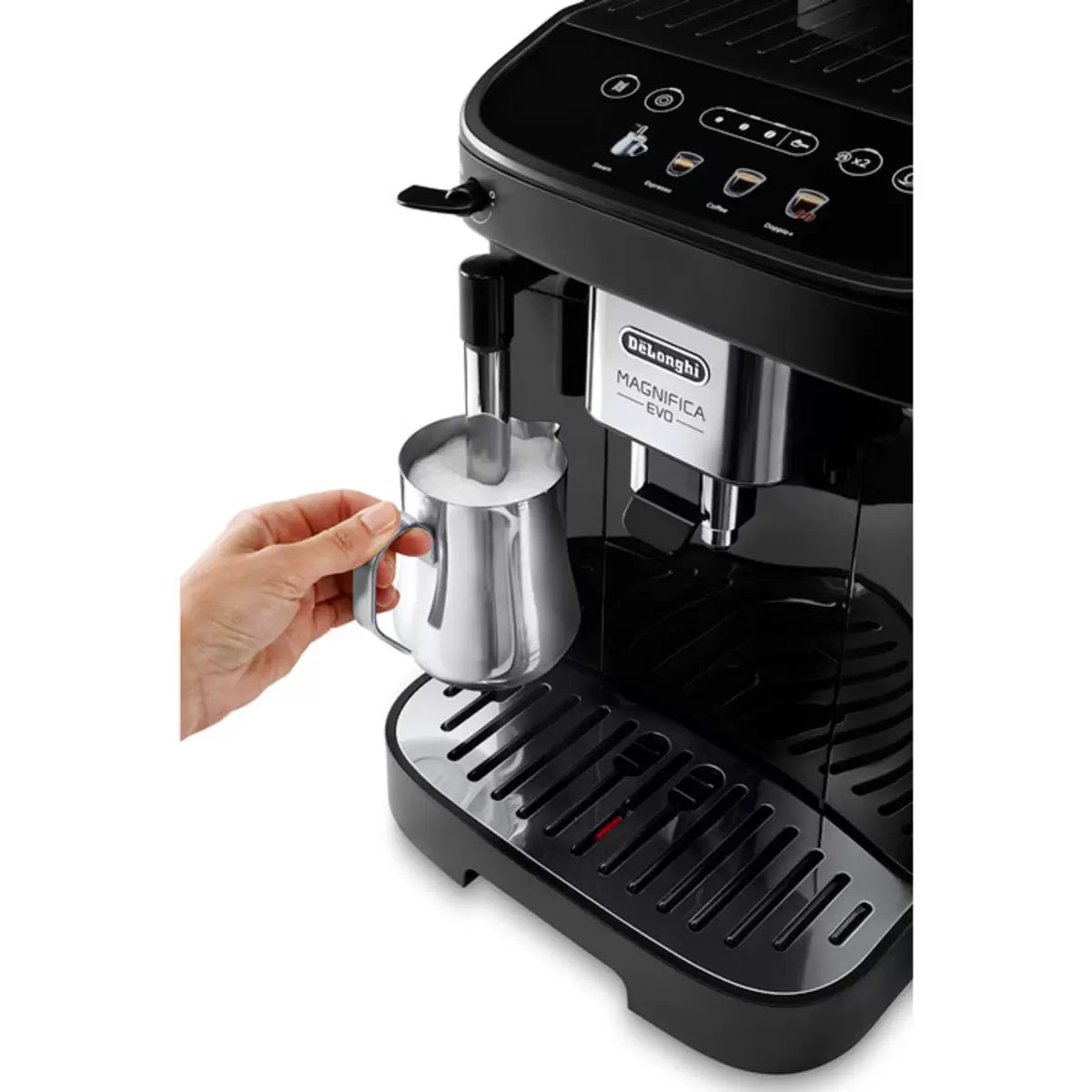 Front view of the matte black De'Longhi Magnifica Evo coffee machine displaying glowing icon controls on a modern marble kitchen counter.