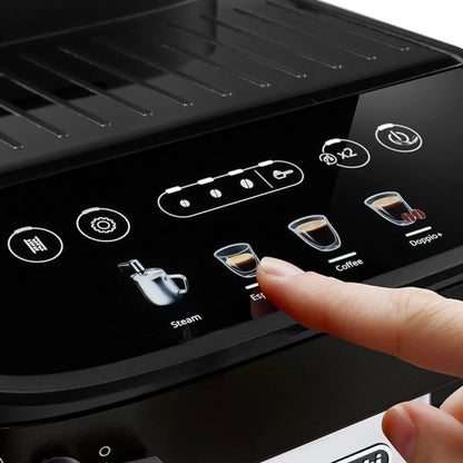 Front view of the matte black De'Longhi Magnifica Evo coffee machine displaying glowing icon controls on a modern marble kitchen counter.