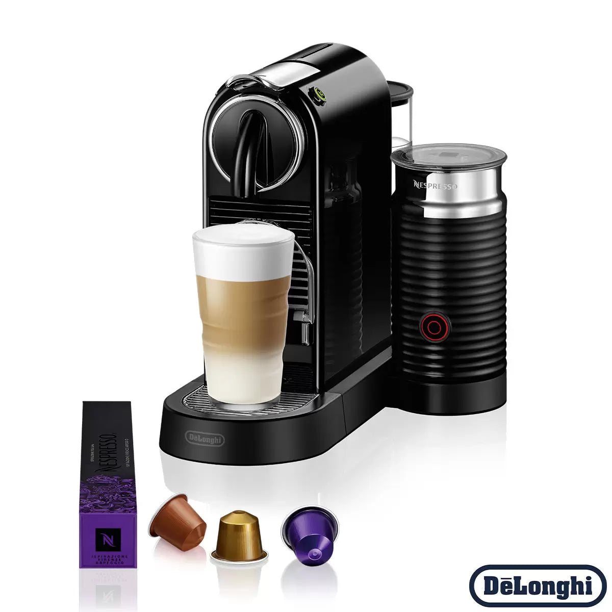 Front view of the black De'Longhi Nespresso Citiz coffee machine alongside a black Aeroccino milk frother on a modern kitchen counter.