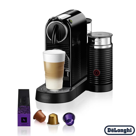 Front view of the black De'Longhi Nespresso Citiz coffee machine alongside a black Aeroccino milk frother on a modern kitchen counter.
