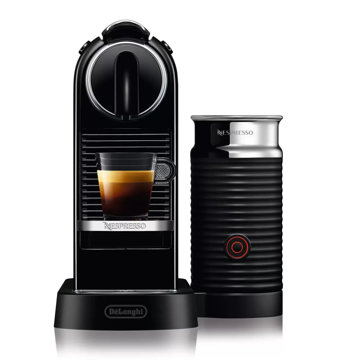 Front view of the black De'Longhi Nespresso Citiz coffee machine alongside a black Aeroccino milk frother on a modern kitchen counter.