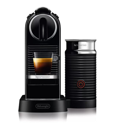 Front view of the black De'Longhi Nespresso Citiz coffee machine alongside a black Aeroccino milk frother on a modern kitchen counter.
