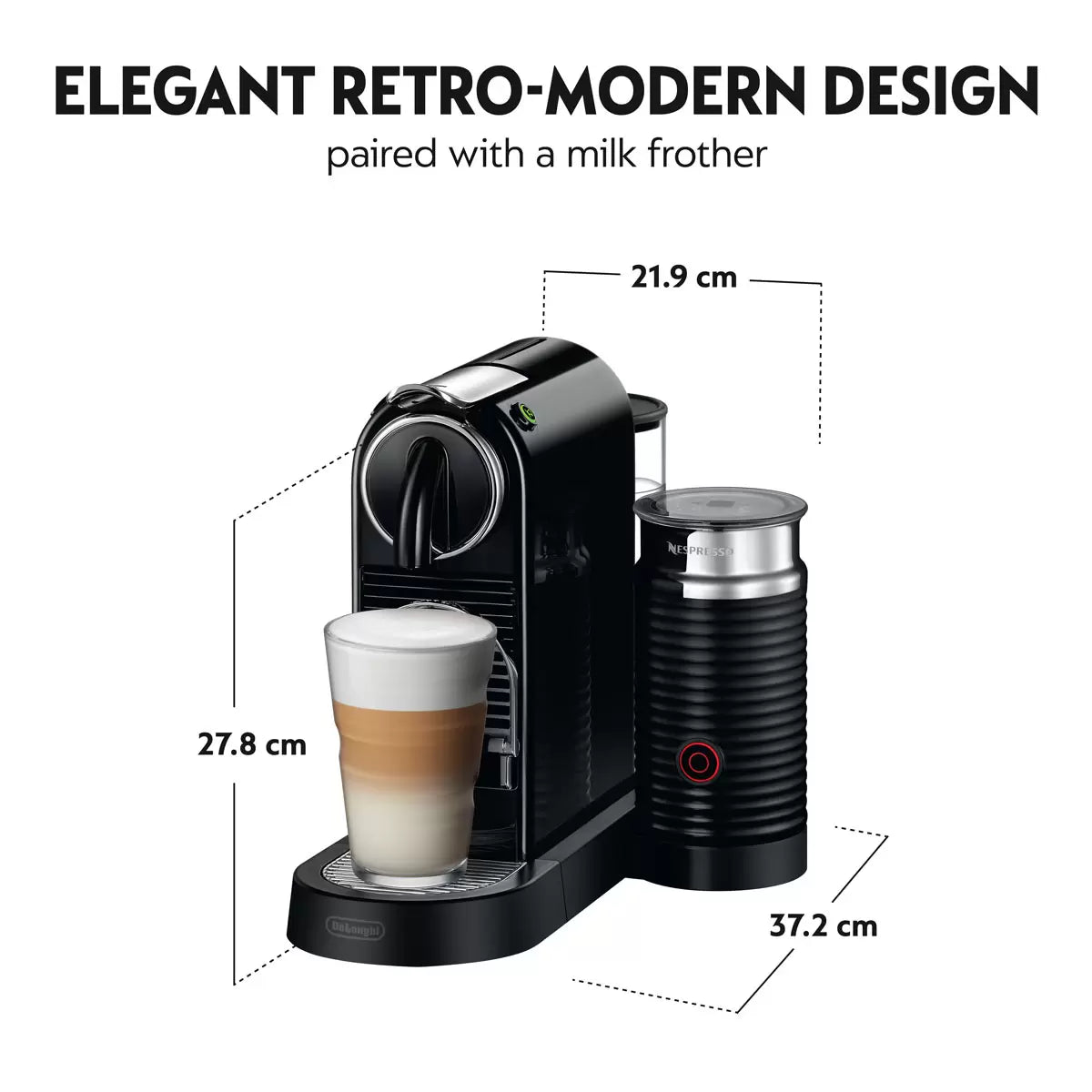Front view of the black De'Longhi Nespresso Citiz coffee machine alongside a black Aeroccino milk frother on a modern kitchen counter.