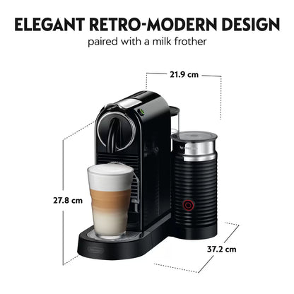 Front view of the black De'Longhi Nespresso Citiz coffee machine alongside a black Aeroccino milk frother on a modern kitchen counter.