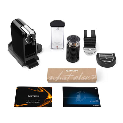Front view of the black De'Longhi Nespresso Citiz coffee machine alongside a black Aeroccino milk frother on a modern kitchen counter.