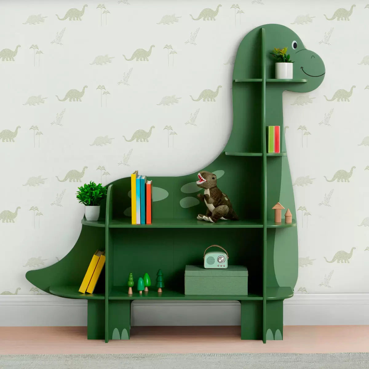 Dinosaur-themed kids bookcase with durable shelves. Fun storage solution for books and toys, perfect for bedrooms and playrooms