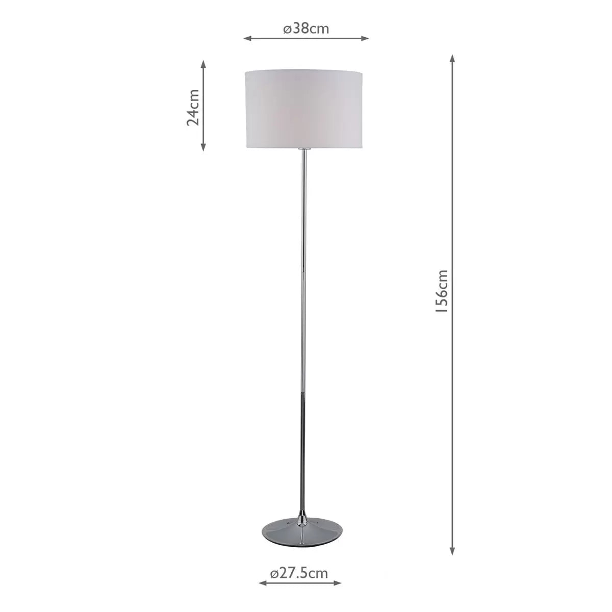 A side-angle shot of the Delta floor lamp featuring a polished chrome tear-shaped base and a clean ivory cotton drum shade casting a soft, warm glow in a contemporary living room corner.