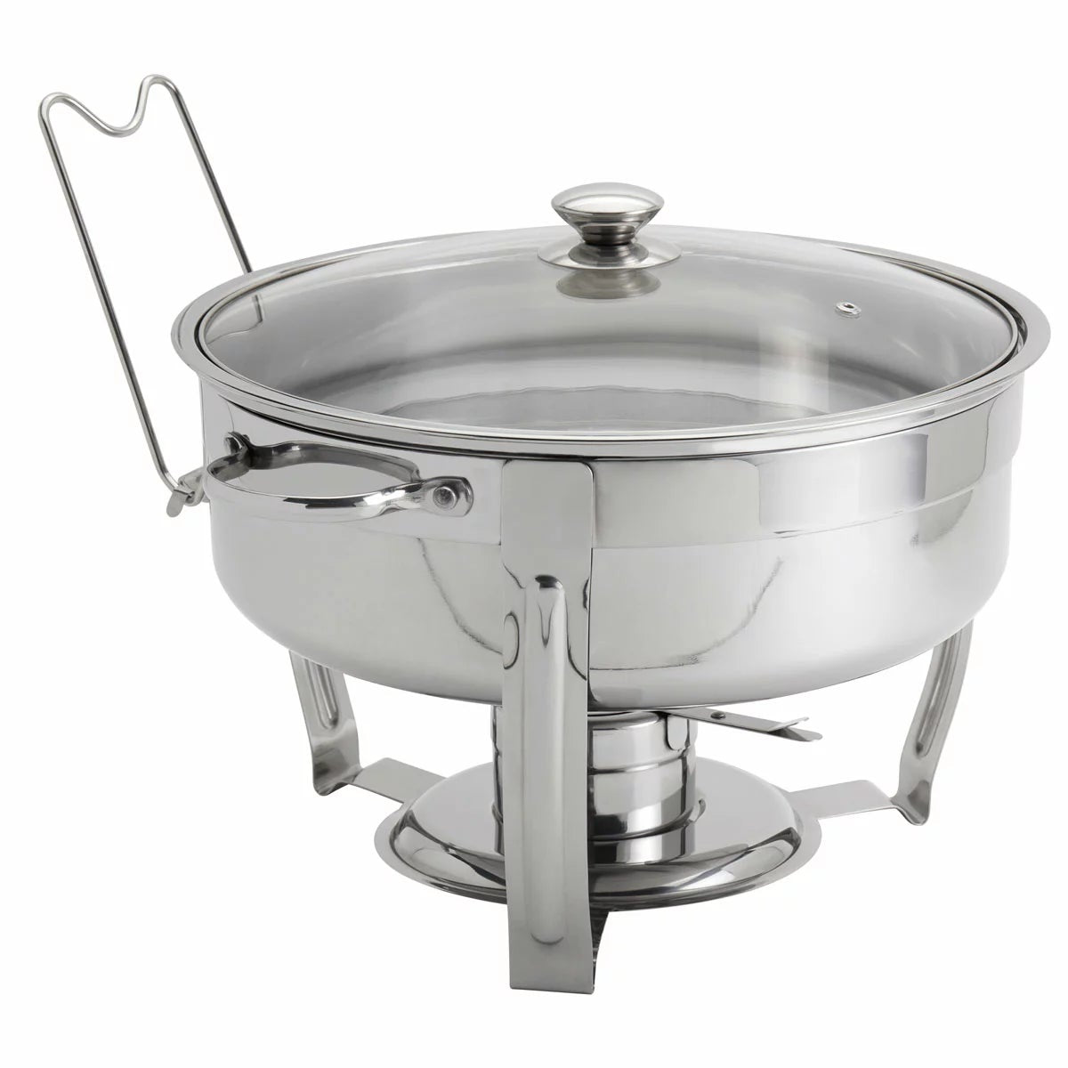 Denmark 8.5-litre round polished stainless steel chafing dish with clear glass lid on a set dining table view.