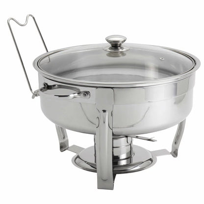Denmark 8.5-litre round polished stainless steel chafing dish with clear glass lid on a set dining table view.