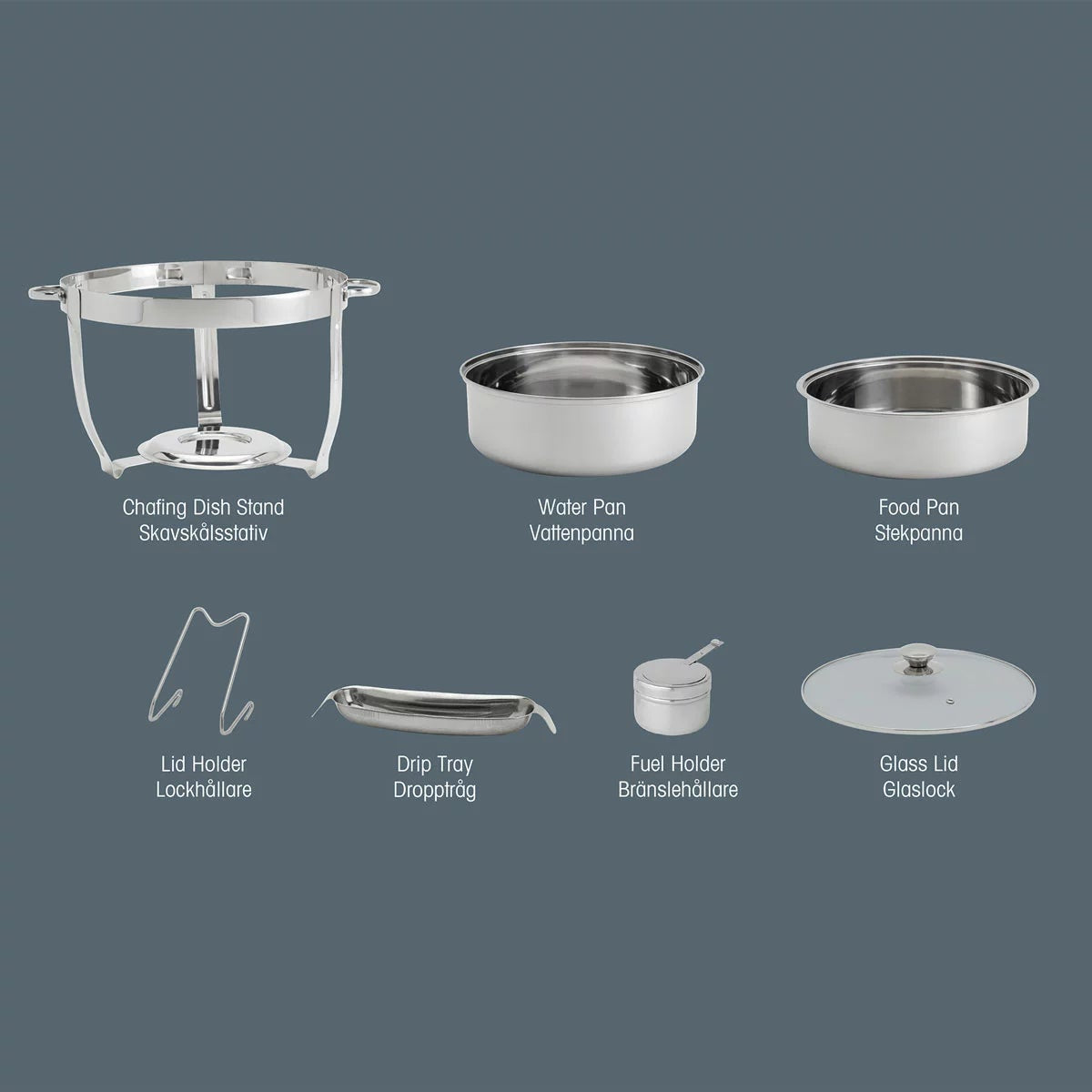 Denmark 8.5-litre round polished stainless steel chafing dish with clear glass lid on a set dining table view.